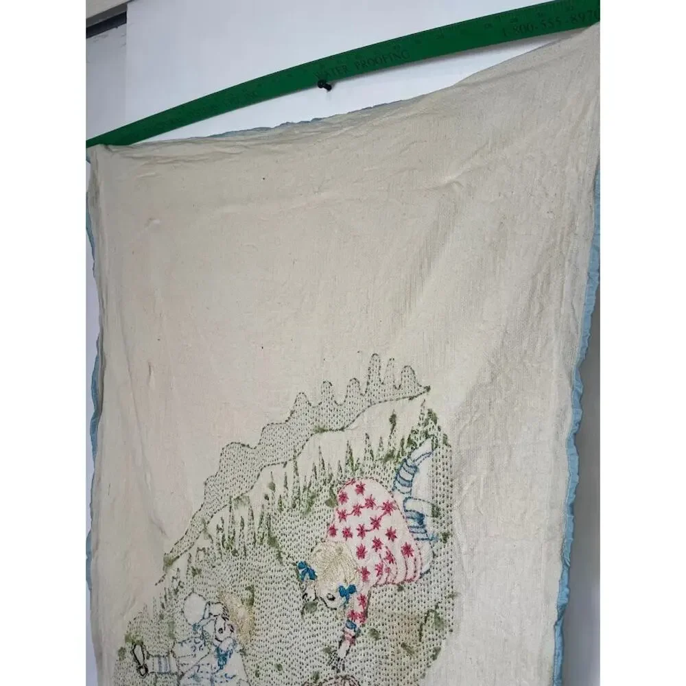 Vintage Hand Embroidered Baby Blanket Jack and Jill Nursery Rhyme Rare 60's 70's